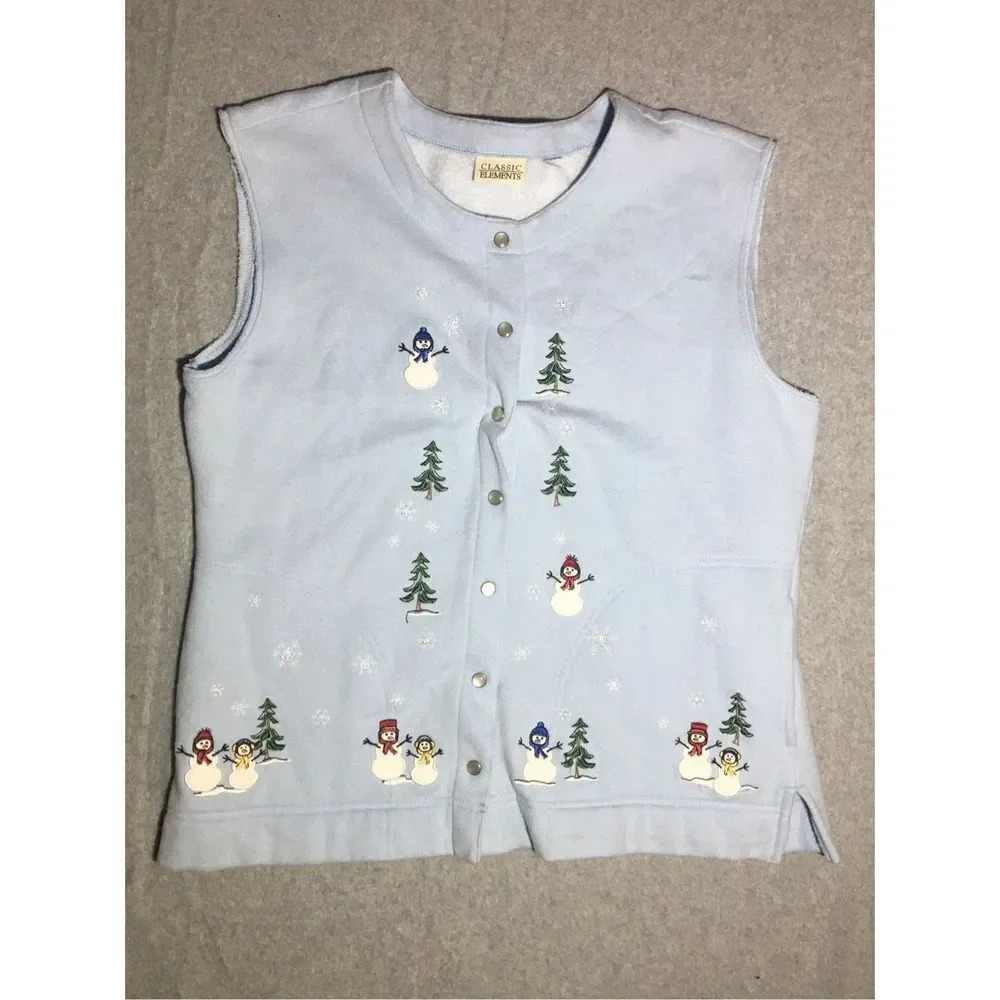 Womens Classic Elements Vest Size Large Blue Christmas Snow Snowman Cold Winter